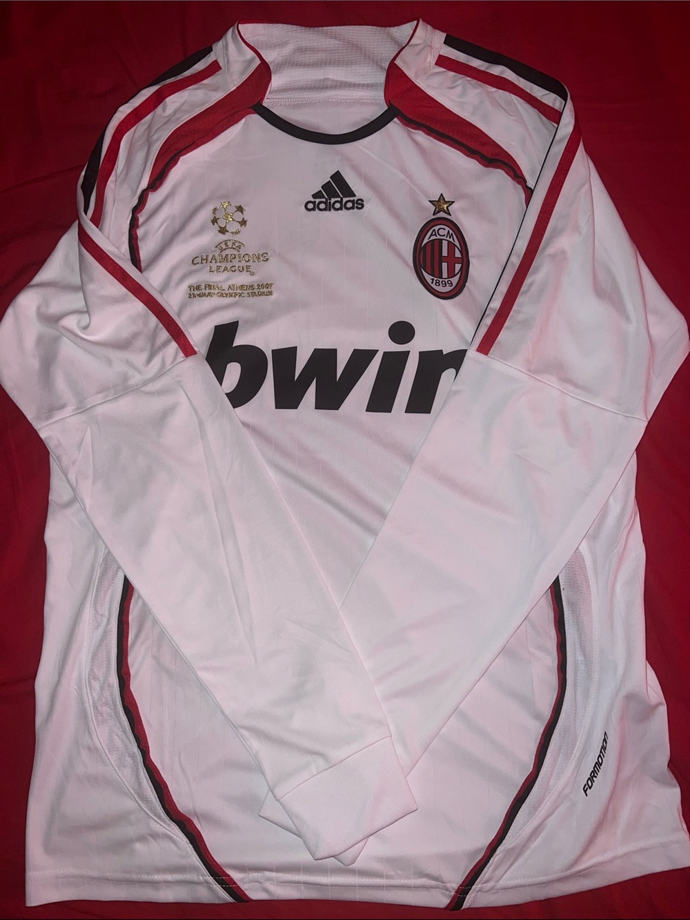 adidas White Kids AC Milan Long-Sleeve Football Jersey with Red & Black Accents